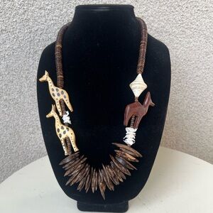 Vintage necklace Tribal African style wood beads giraffe shells 28”